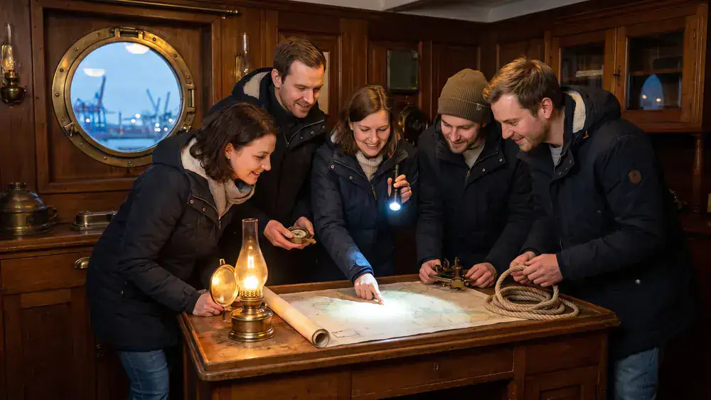 Hidden in Hamburg Escape Room – Kollegen rätseln an einem alten Schiffskartentisch in einer Kapitänskabine