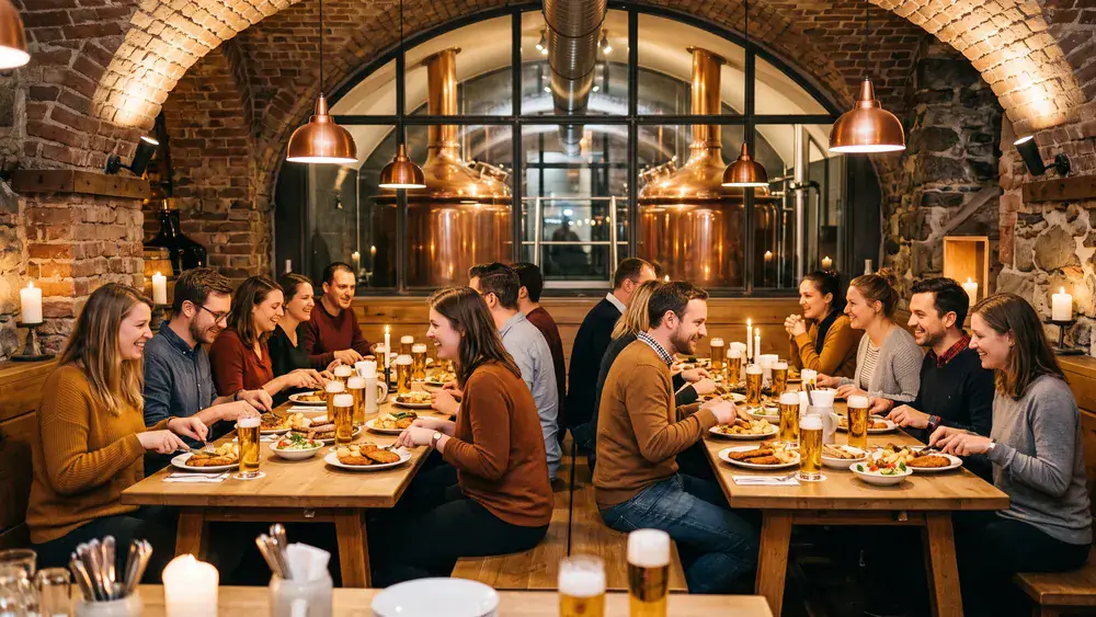 Brauerei Gröninger in Hamburg – Kollegen sitzen im historischen Brauereikeller bei Bierprobe und Weihnachtsbuffet