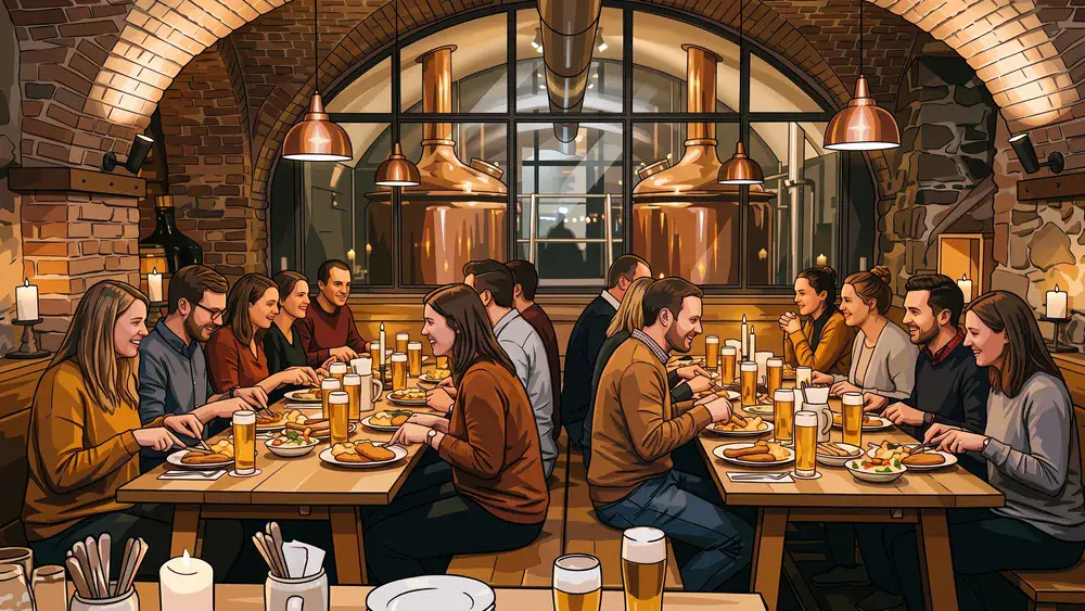 Brauerei Gröninger in Hamburg – Kollegen sitzen im historischen Brauereikeller bei Bierprobe und Weihnachtsbuffet