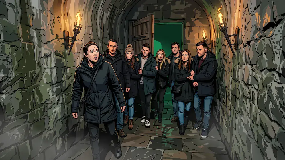 Hamburg Dungeon – Kollegenrunde in einem dunklen mittelalterlichen Tunnel mit Fackellicht
