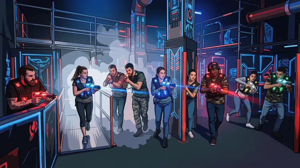 Lasertag in Hamburg – Kollegen mit Sensorwesten spielen in einer dunklen Neon-Arena