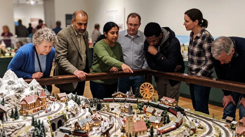 Miniatur Wunderland in Hamburg – Kollegen betrachten ein detailliertes Modelllandschafts-Diorama mit Mini-Zügen
