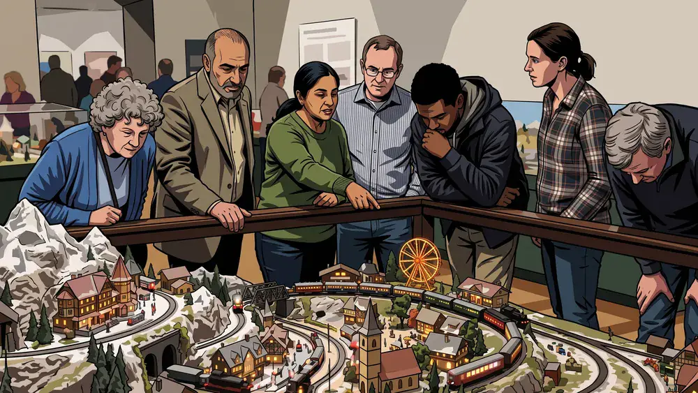 Miniatur Wunderland in Hamburg – Kollegen betrachten ein detailliertes Modelllandschafts-Diorama mit Mini-Zügen