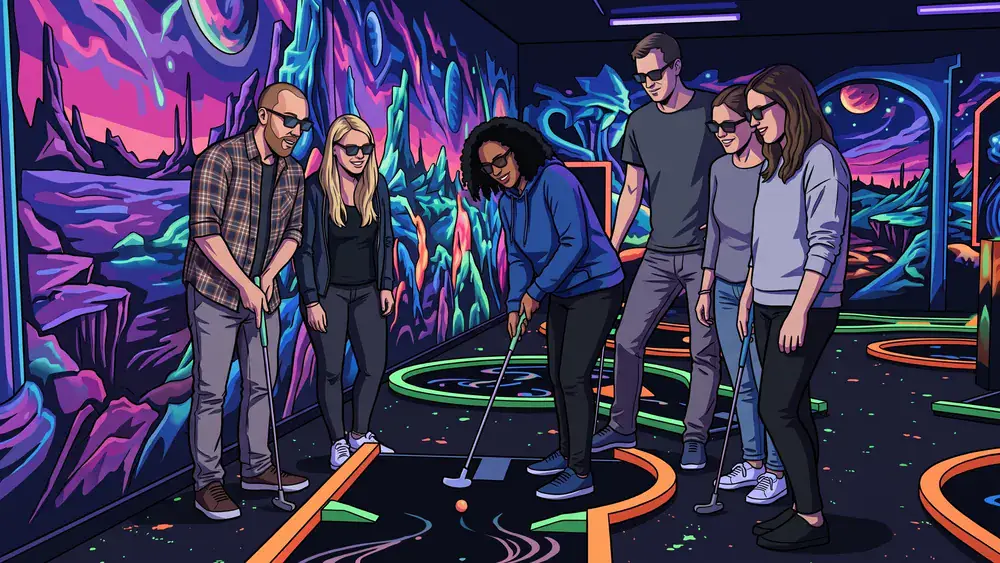Schwarzlicht-Minigolf in Hamburg – Kollegen spielen mit 3D-Brillen unter Neonlicht