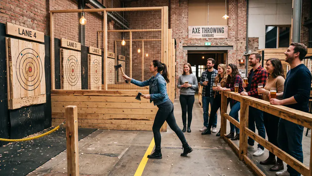 Axt-Werfen in Hamburg – Kollegen werfen Äxte auf Holzscheiben in einer Industriehalle, kühles Bier in der Lounge danach