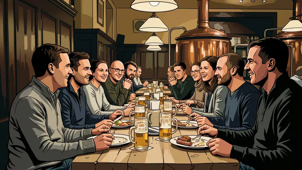 Brauhaus in Hannover - Erwachsene an langen Tischen im Brauhaus Ernst-August mit hausgebrautem Bier