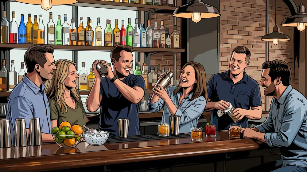 Cocktailkurs in Hannover - Erwachsene mixen gemeinsam Cocktails an einer Bar unter Anleitung