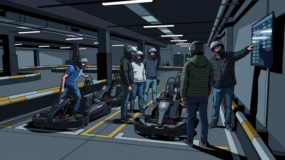 Kartbahn in Hannover - Erwachsene vergleichen nach dem Rennen ihre Rundenzeiten an der Anzeigetafel