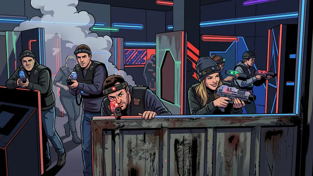 Lasertag in Hannover - Erwachsene in taktischer Ausrüstung in einer dunklen Neon-Arena