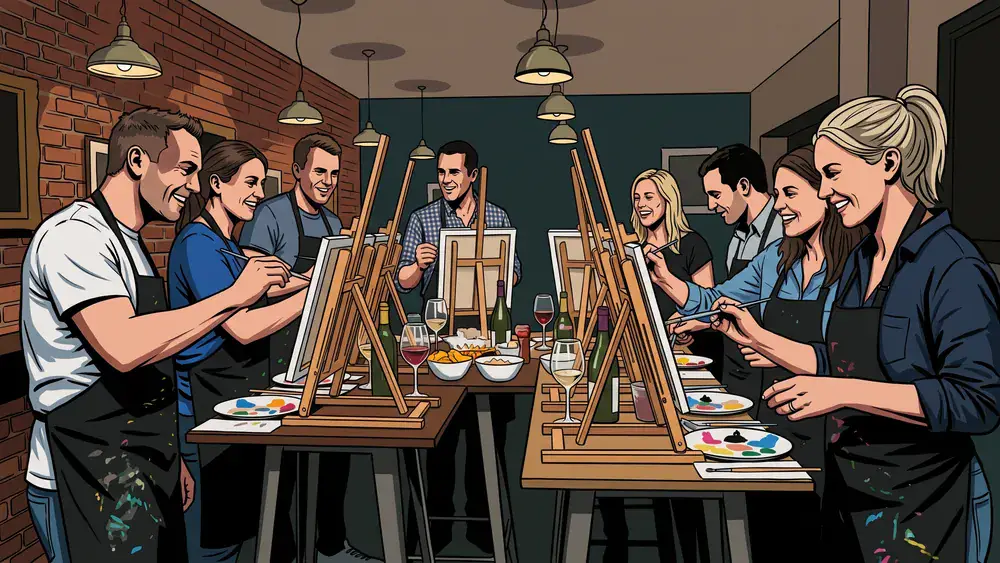Painting Party in Hannover - Erwachsene malen an Staffeleien mit Wein in gemütlicher Bar-Atmosphäre