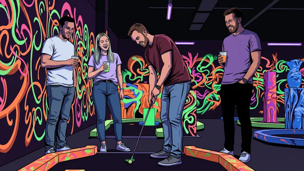 Schwarzlicht Minigolf in Hannover - Erwachsene spielen Neon-Minigolf in bunter UV-Atmosphäre