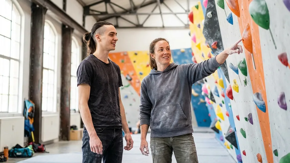 BETA Boulderhalle in Hannover – Zwei Personen vor einer bunten Boulderwand im umgebauten Güterbahnhof
