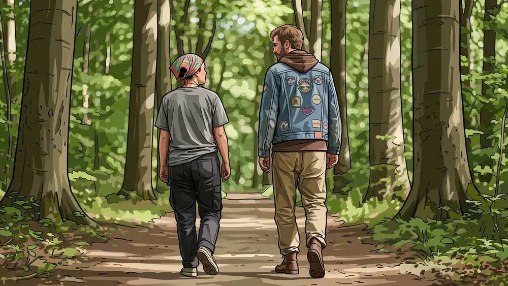 Eilenriede in Hannover – Zwei Personen spazieren auf einem Waldweg unter hohen Bäumen