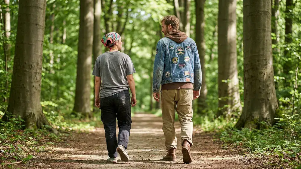 Eilenriede in Hannover – Zwei Personen spazieren auf einem Waldweg unter hohen Bäumen