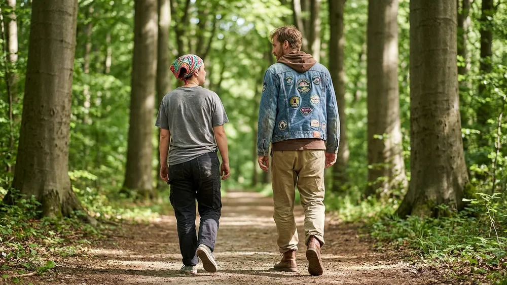 Eilenriede in Hannover – Zwei Personen spazieren auf einem Waldweg unter hohen Bäumen