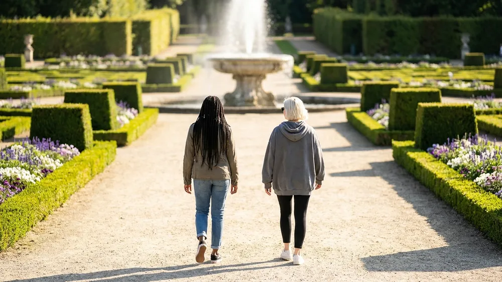 Herrenhäuser Gärten in Hannover – Zwei Personen spazieren durch den barocken Großen Garten