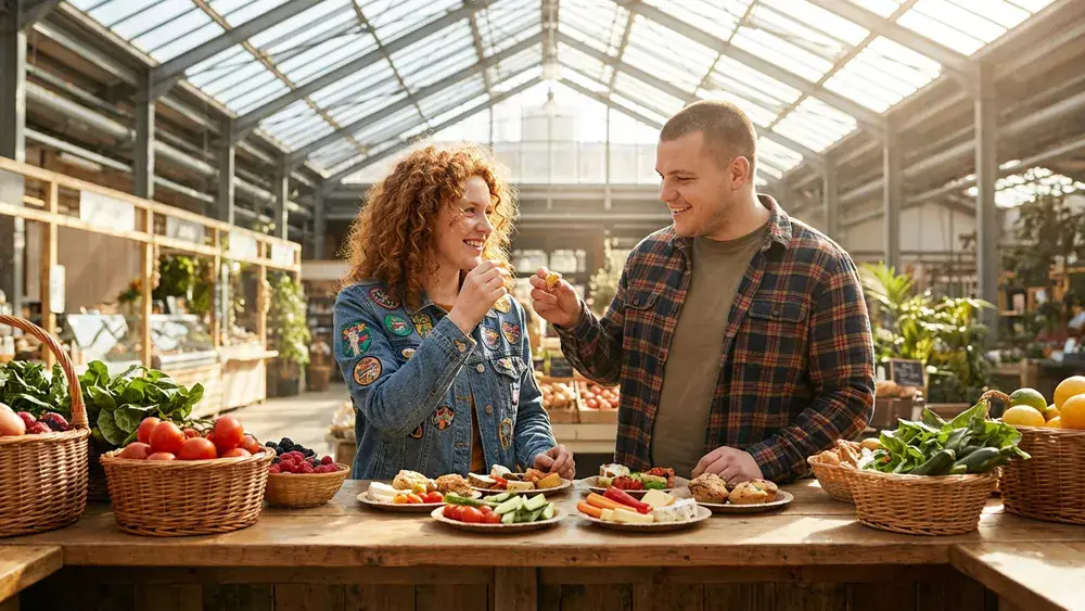 Markthalle in Hannover – Zwei Personen probieren Snacks an einem Stand unter dem Glasdach