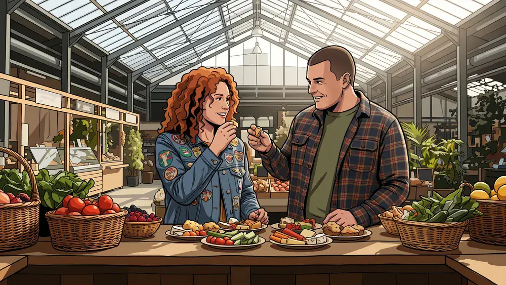 Markthalle in Hannover – Zwei Personen probieren Snacks an einem Stand unter dem Glasdach