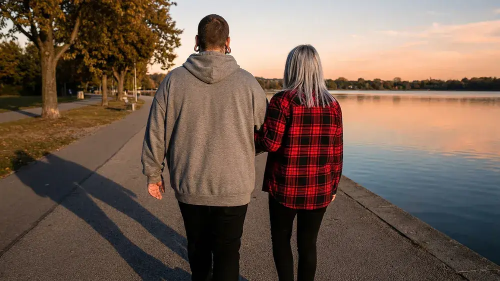 Maschsee Spaziergang in Hannover – Zwei Personen laufen bei Sonnenuntergang am Seeufer entlang