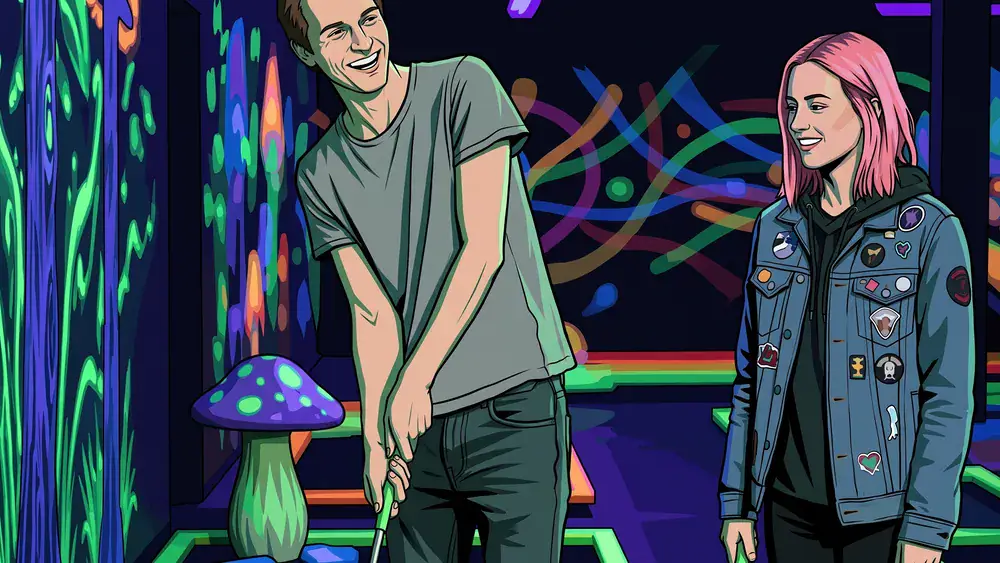 NeonGolf in Hannover – Zwei Personen spielen Schwarzlicht-Minigolf in bunter Neon-Atmosphäre