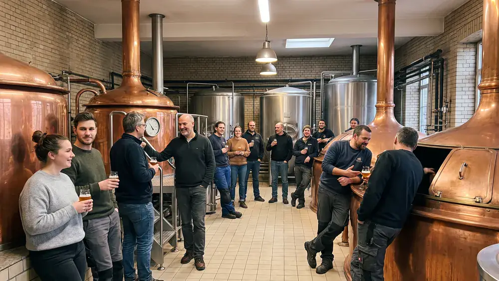 Brauereiführung in Hannover – Kollegen verkosten Bier vor Kupferkesseln in der Privatbrauerei Herrenhausen