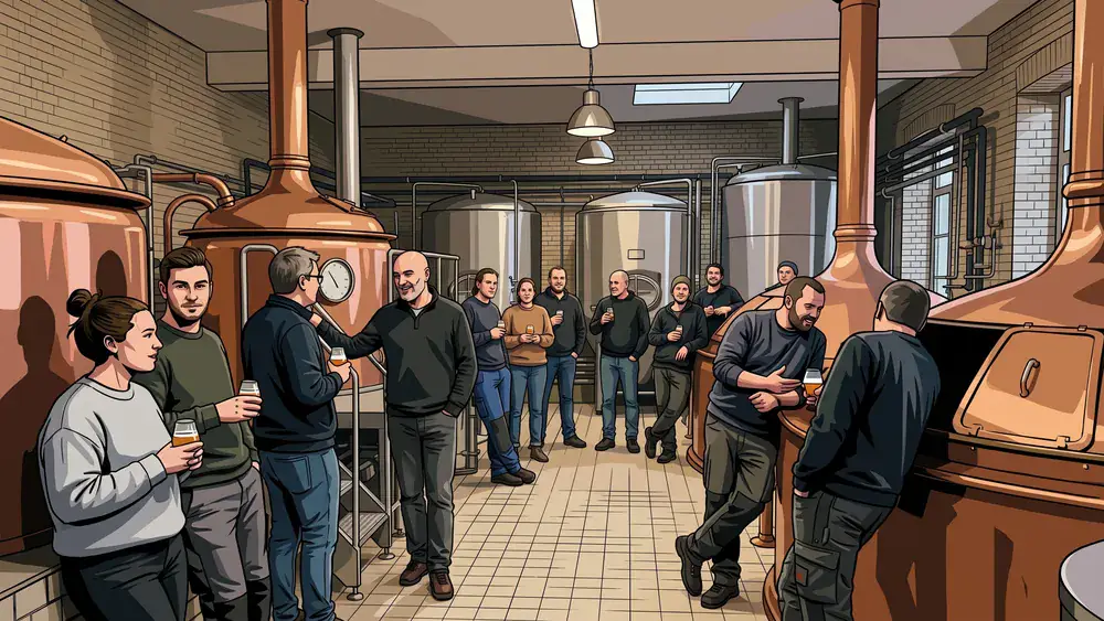 Brauereiführung in Hannover – Kollegen verkosten Bier vor Kupferkesseln in der Privatbrauerei Herrenhausen