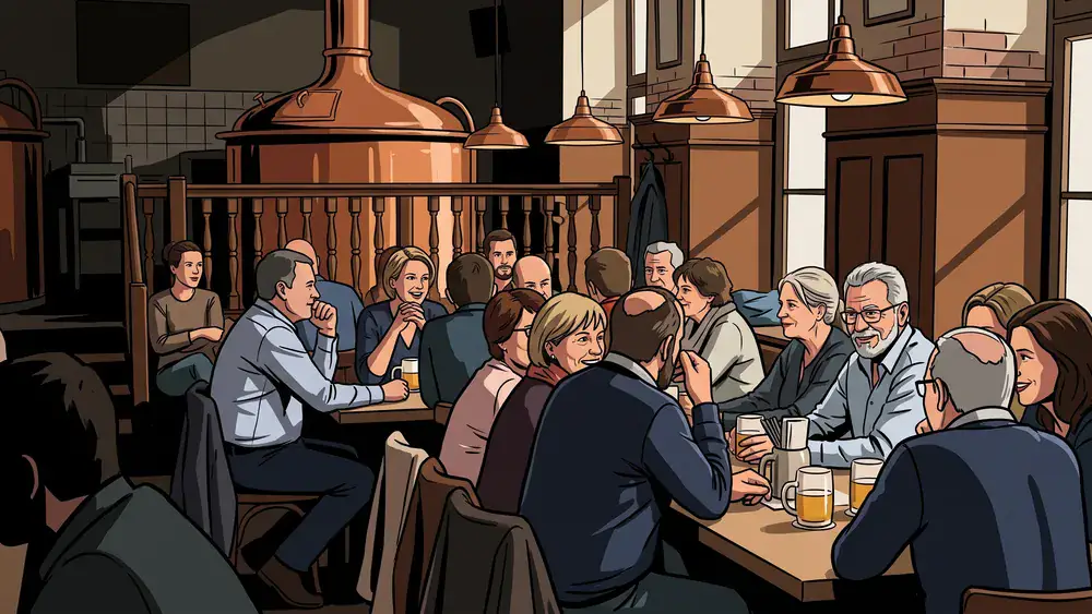 Brauhaus in Hannover – Kollegen trinken an langen Tischen im Brauhaus Ernst-August in der Innenstadt
