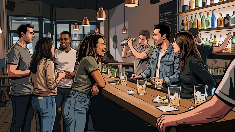 Cocktailkurs in Hannover – Kollegen mixen gemeinsam Cocktails an einer Bar unter Anleitung