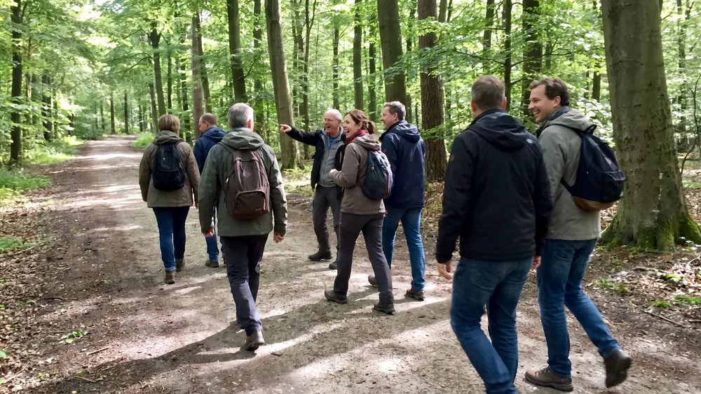 Eilenriede in Hannover – Kollegen spazieren auf einem Waldweg unter hohen Bäumen