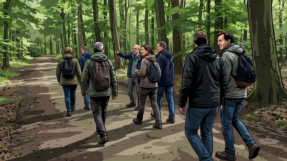 Eilenriede in Hannover – Kollegen spazieren auf einem Waldweg unter hohen Bäumen