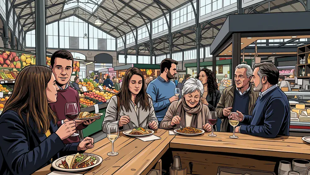 Markthalle in Hannover – Kollegen probieren Snacks an einem Stand unter dem Glasdach