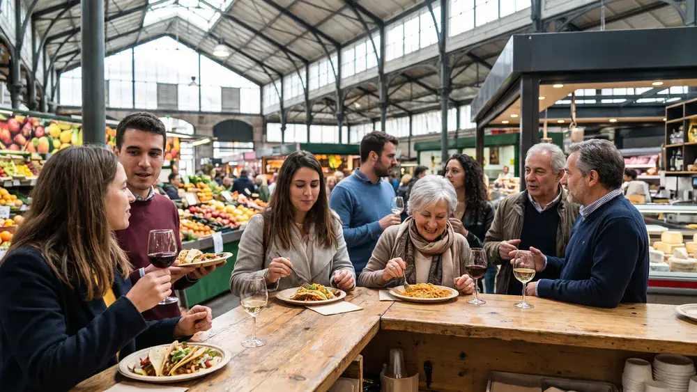 Markthalle in Hannover – Kollegen probieren Snacks an einem Stand unter dem Glasdach