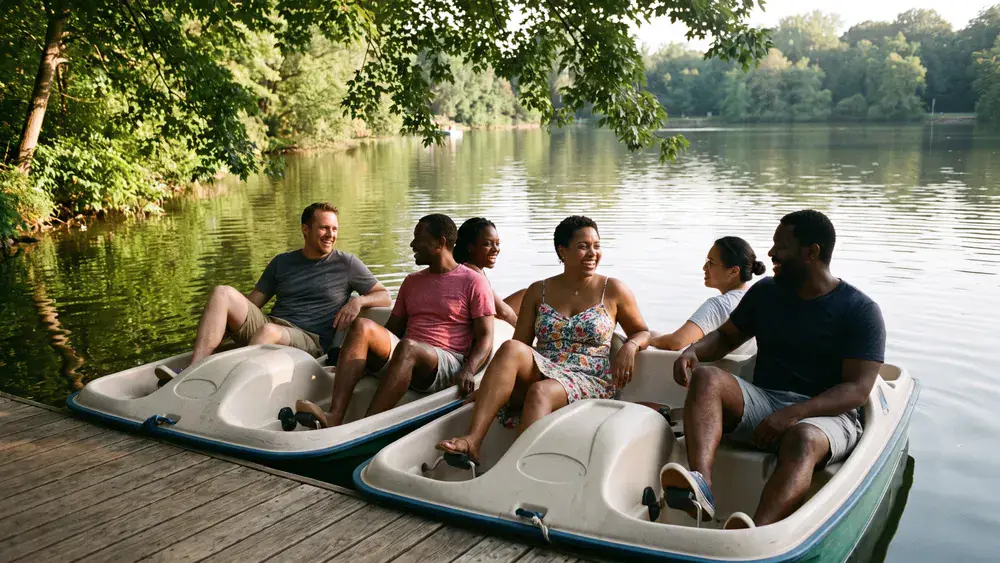 Tretboot auf dem Maschsee in Hannover – Kollegen fahren auf mehreren Booten über das Wasser