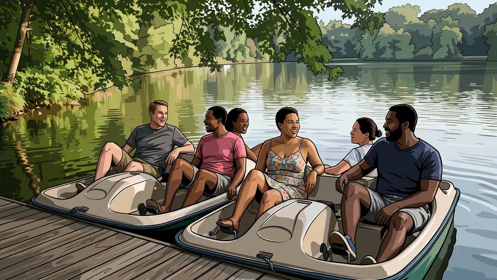 Tretboot auf dem Maschsee in Hannover – Kollegen fahren auf mehreren Booten über das Wasser