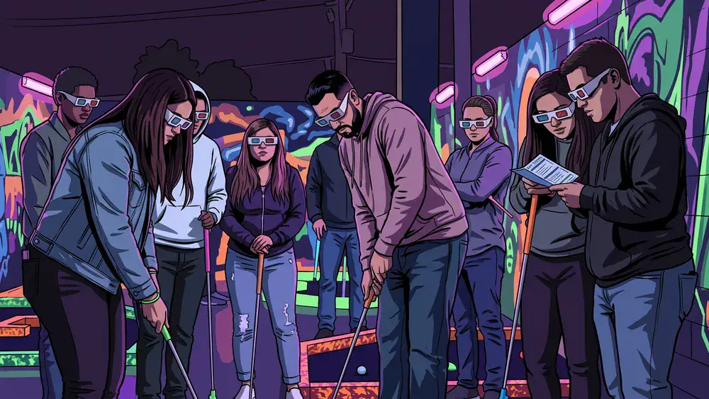 Schwarzlicht Minigolf in Hannover – Kollegen spielen mit 3D-Brillen Minigolf in leuchtender Neonwelt