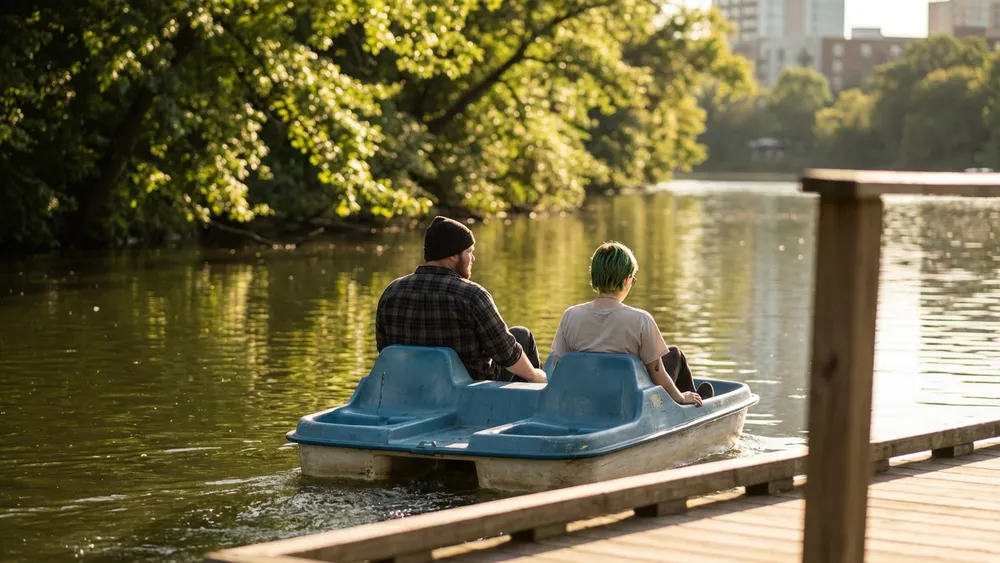 Tretboot auf dem Maschsee in Hannover – Zwei Personen auf dem Wasser mit grünem Ufer
