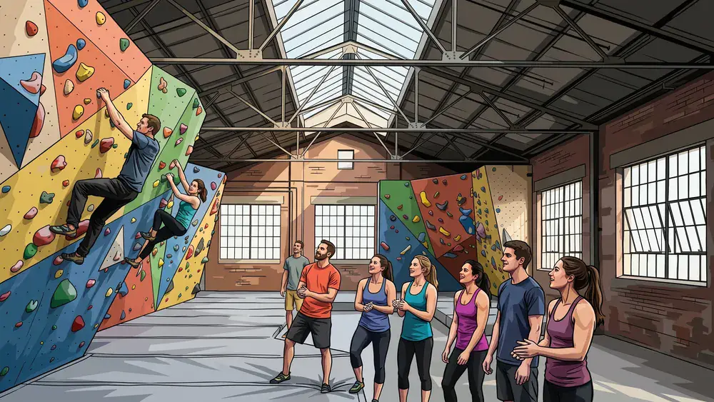 Bouldern in Hannover – Gruppe bouldert in einer großen Halle im umgebauten Güterbahnhof