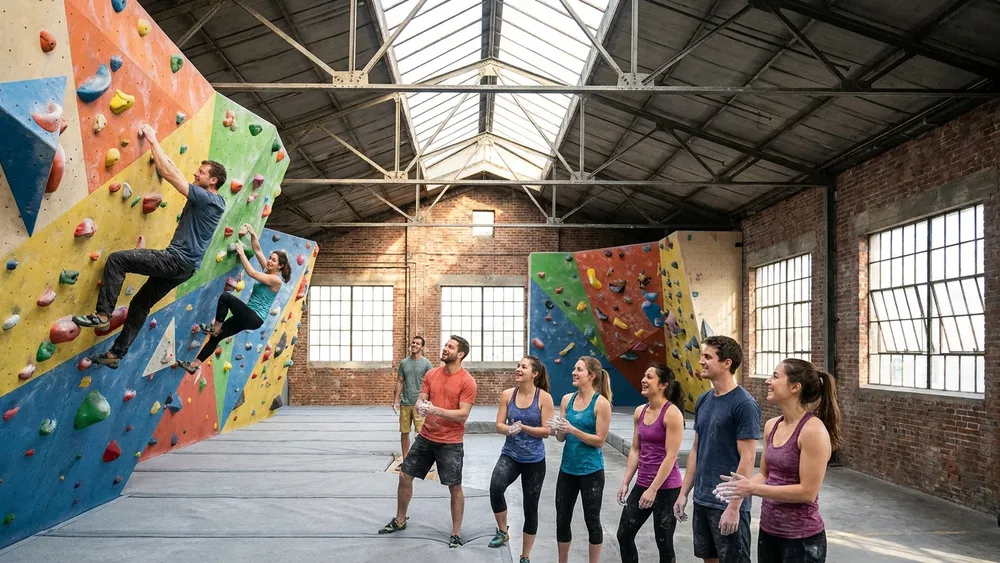 Bouldern in Hannover – Gruppe bouldert in einer großen Halle im umgebauten Güterbahnhof