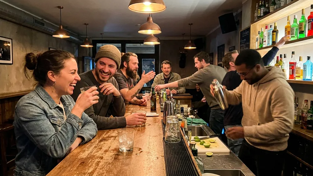 Cocktailkurs in Hannover – Gruppe mixt gemeinsam Cocktails an einer Bar unter Anleitung