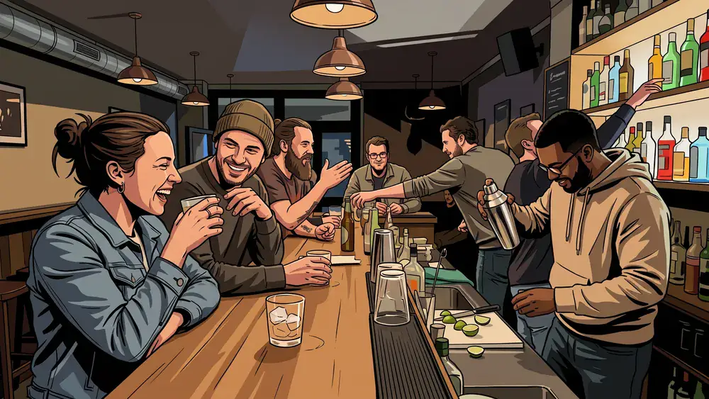 Cocktailkurs in Hannover – Gruppe mixt gemeinsam Cocktails an einer Bar unter Anleitung