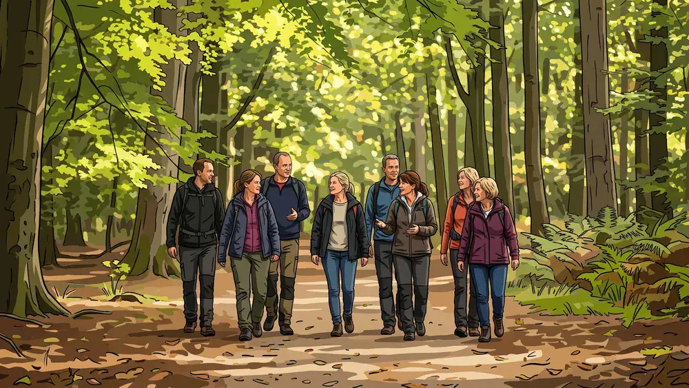 Eilenriede in Hannover – Gruppe spaziert auf einem Waldweg unter hohen Bäumen