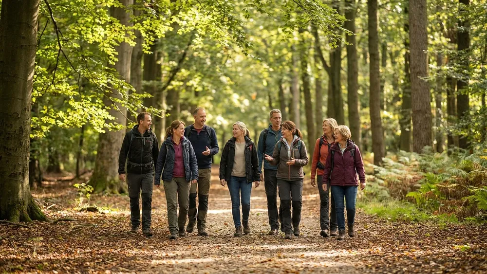 Eilenriede in Hannover – Gruppe spaziert auf einem Waldweg unter hohen Bäumen