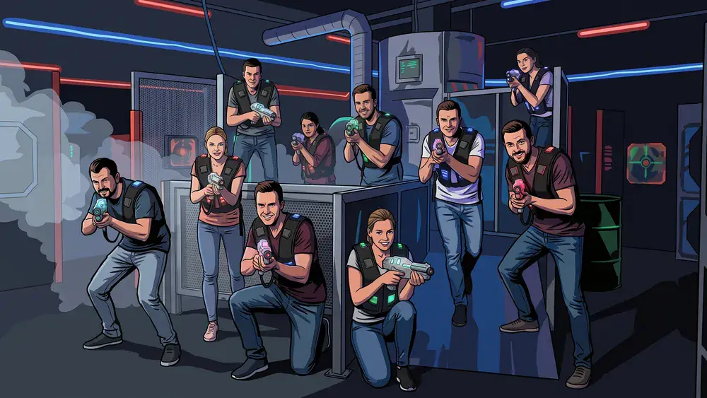 Lasertag in Hannover – Gruppe mit Sensorwesten spielt in einer dunklen Neon-Arena
