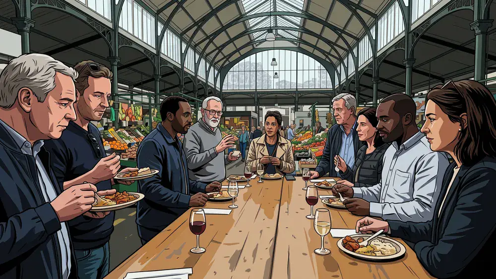 Markthalle in Hannover – Gruppe probiert Snacks an einem Stand unter dem Glasdach