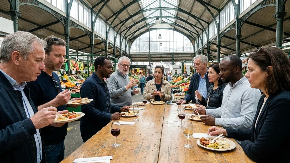 Markthalle in Hannover – Gruppe probiert Snacks an einem Stand unter dem Glasdach