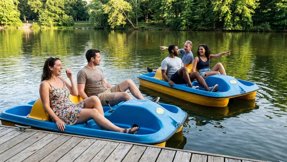 Tretboot auf dem Maschsee in Hannover – Gruppe fährt auf mehreren Booten über das Wasser
