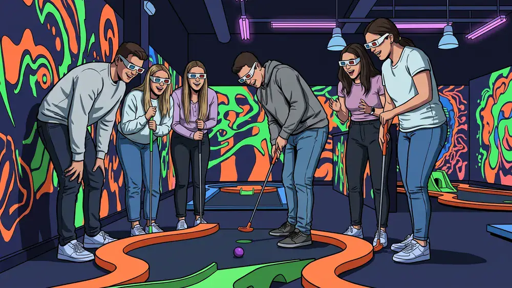 Schwarzlicht Minigolf in Hannover – Gruppe spielt mit 3D-Brillen Minigolf in leuchtender Neonwelt