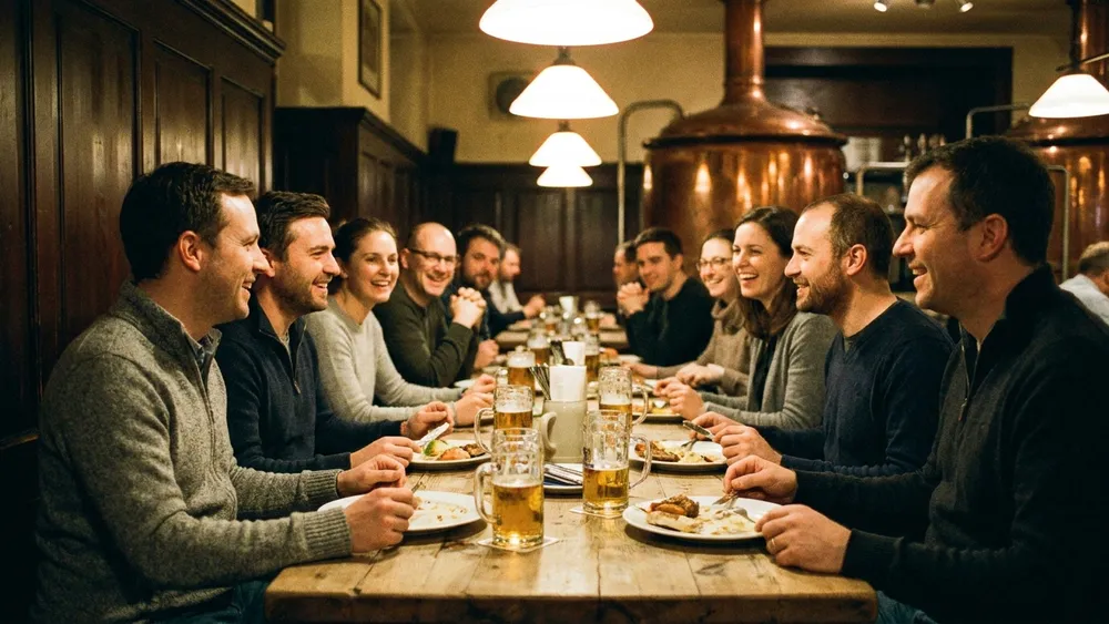 Brauhaus in Hannover - Erwachsene an langen Tischen im Brauhaus Ernst-August mit hausgebrautem Bier
