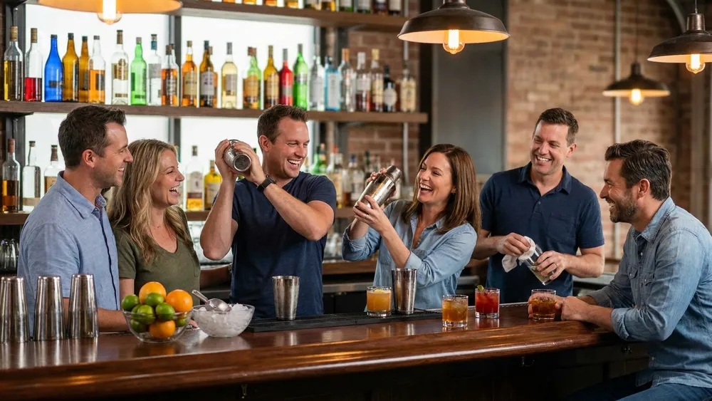 Cocktailkurs in Hannover - Erwachsene mixen gemeinsam Cocktails an einer Bar unter Anleitung