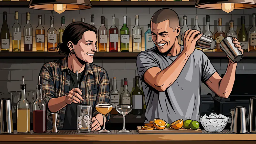Cocktailkurs in Hannover – Zwei Personen mixen Cocktails an einer Bar unter Anleitung
